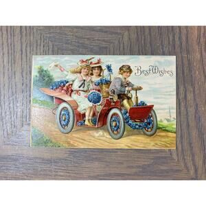 Best Wishes, Kids on Red Retro Car, Vintage Postcard, Embossed Paper, Automotive